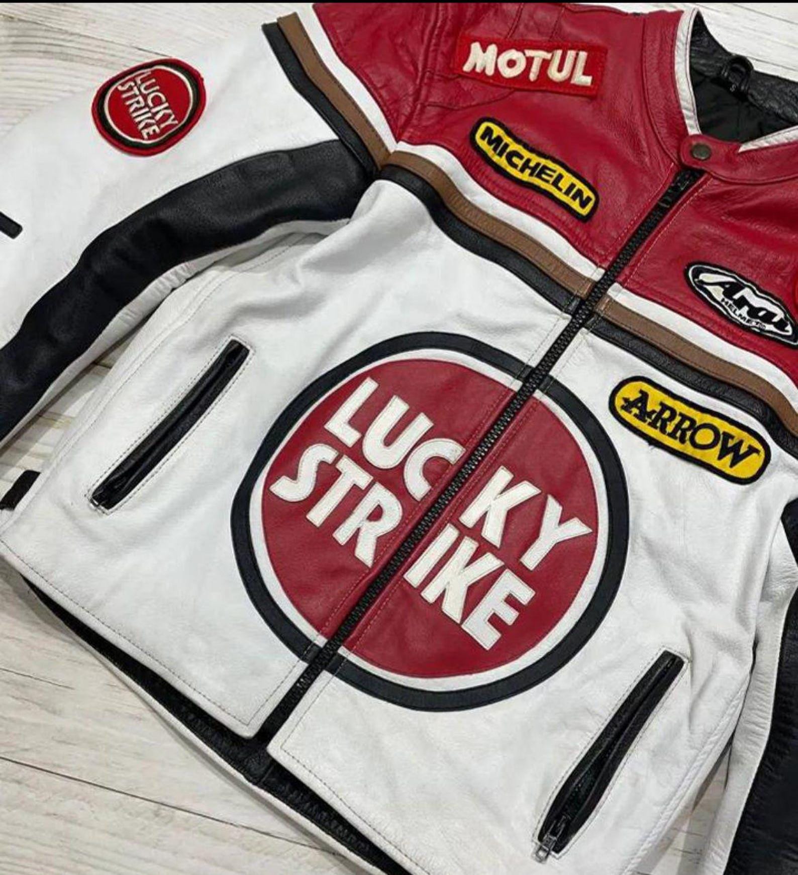 Lucky Strike Racing Leather Jacket: Handmade MotoGP Biker Coat